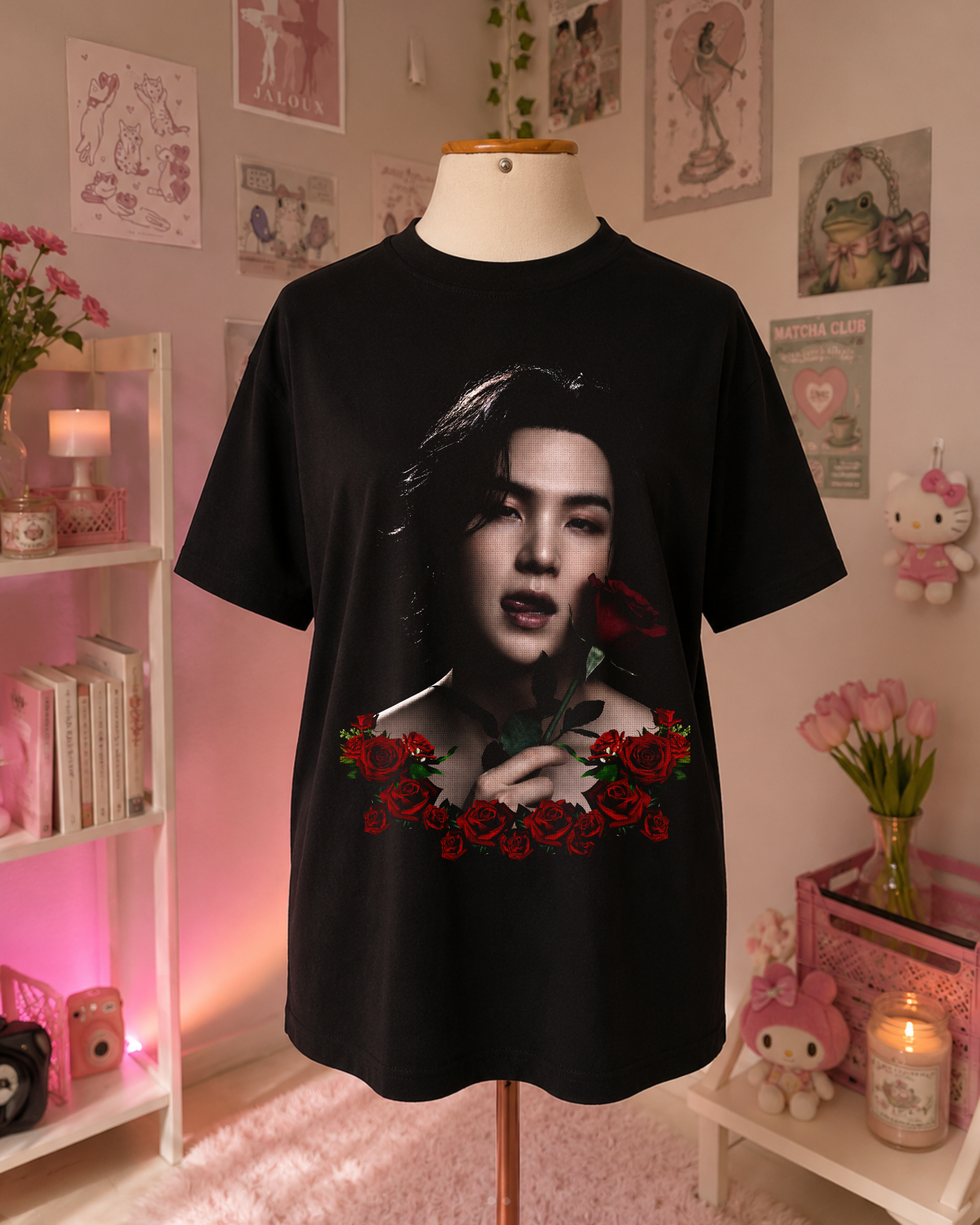 T-Shirt K-Pop Preta com Retrato e Rosas Vermelhas