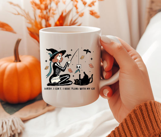 Witch Cat Coffee Mug | "Sorry I Can't, I Have Plans With My Cat" Halloween Mug | Cute Skeleton Witch and Cat Cup | Spooky Cat Lover Gift