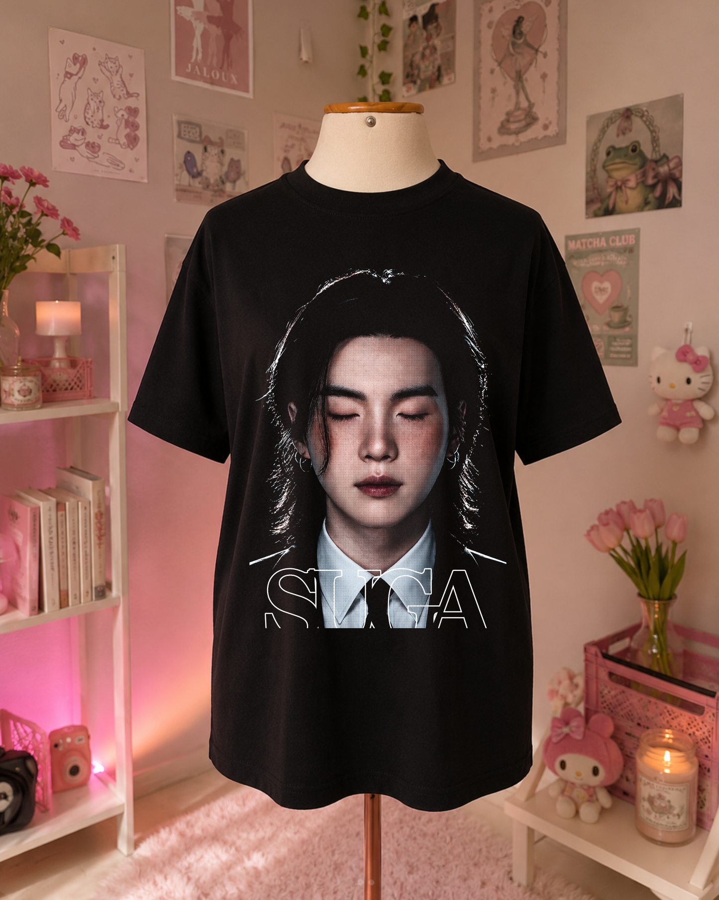 Black K-Pop T-Shirt with Portrait and Elegant Design