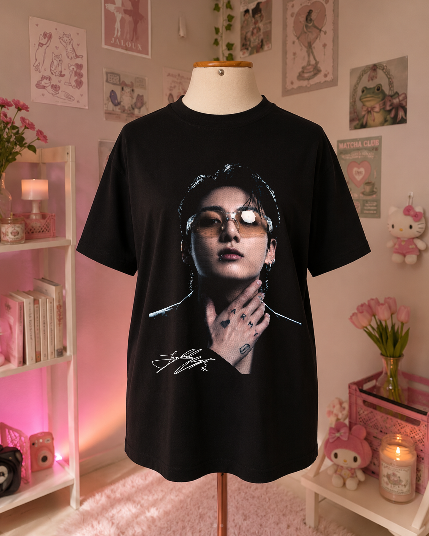 Black K-Pop T-Shirt with Portrait and Glasses