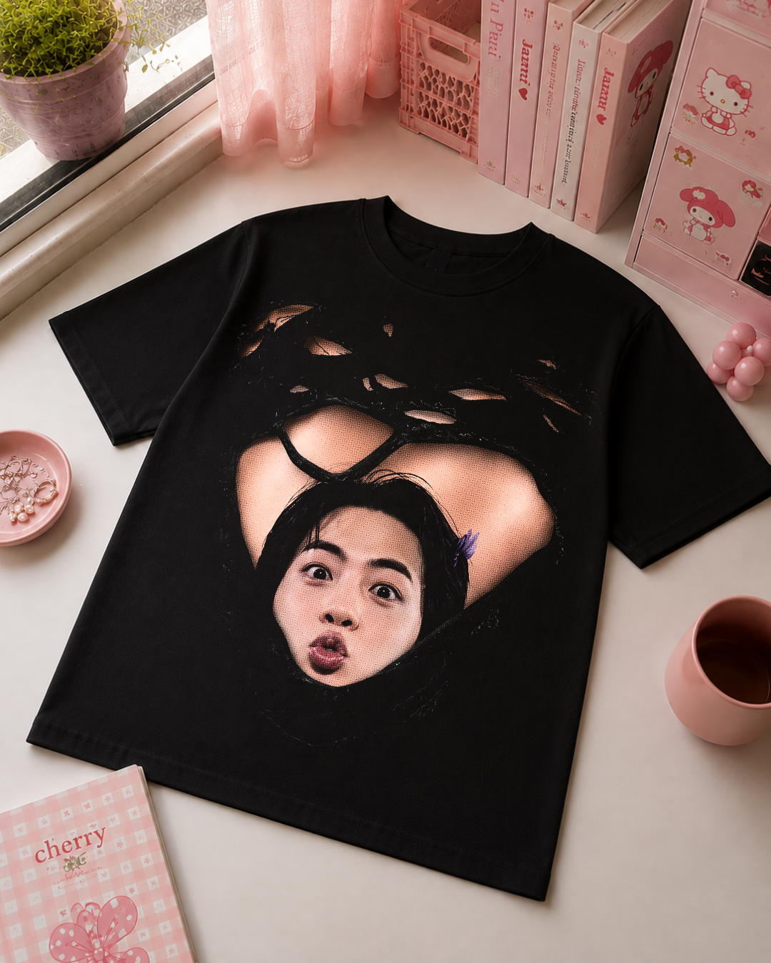 K-Pop Idol Black T-Shirt with Red Kisses