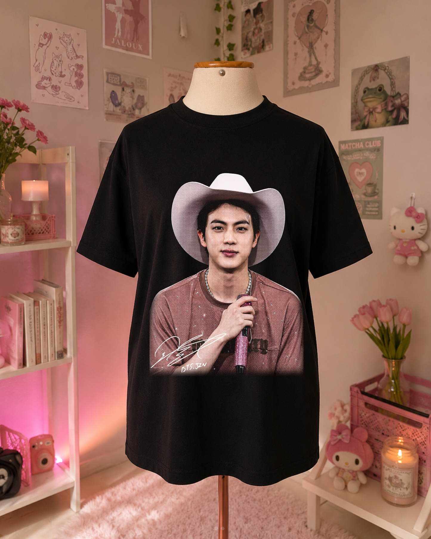 Black K-Pop Cowboy T-Shirt with Portrait and Microphone