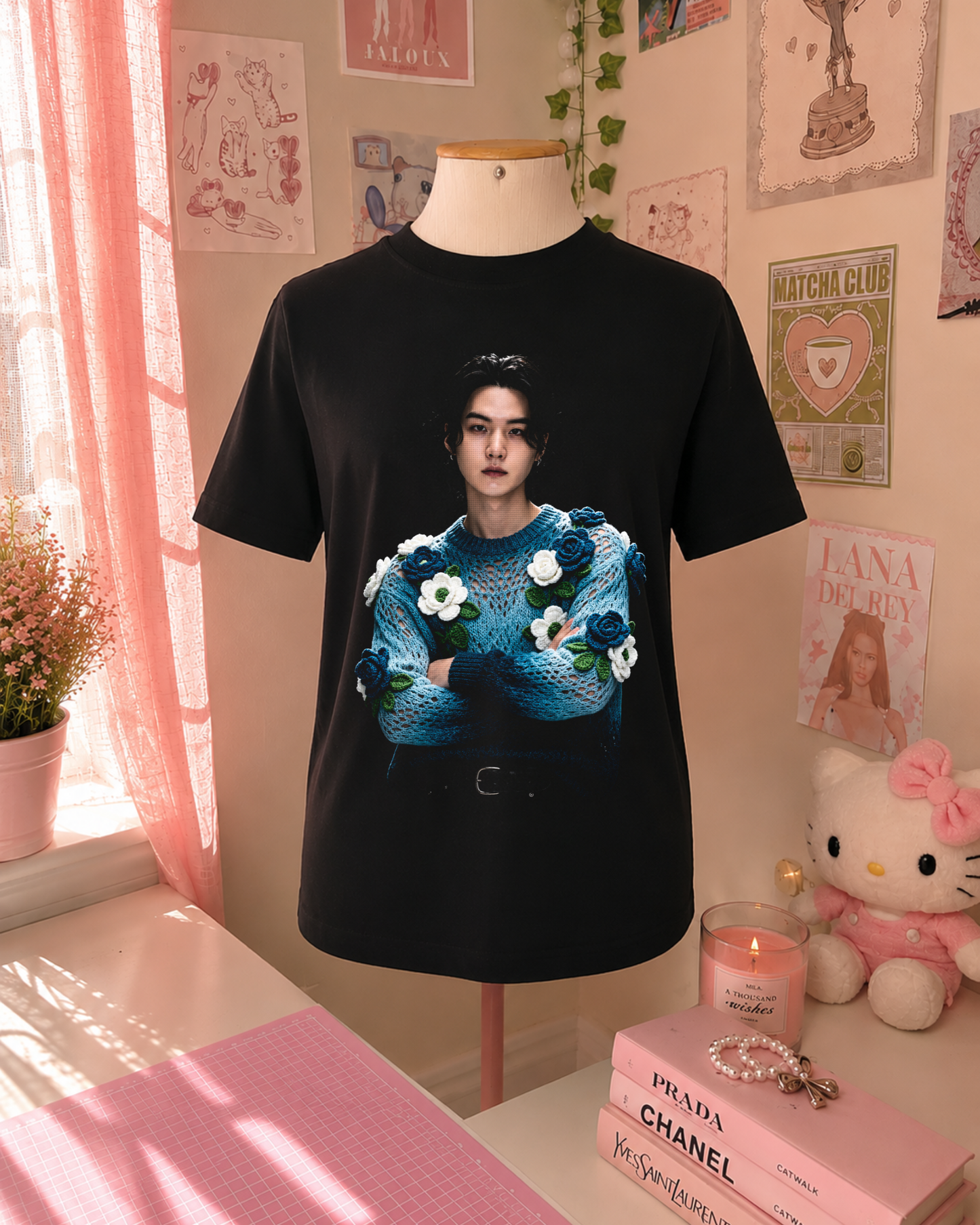 T-Shirt Preta K-Pop com Idol e Flores em Azul
