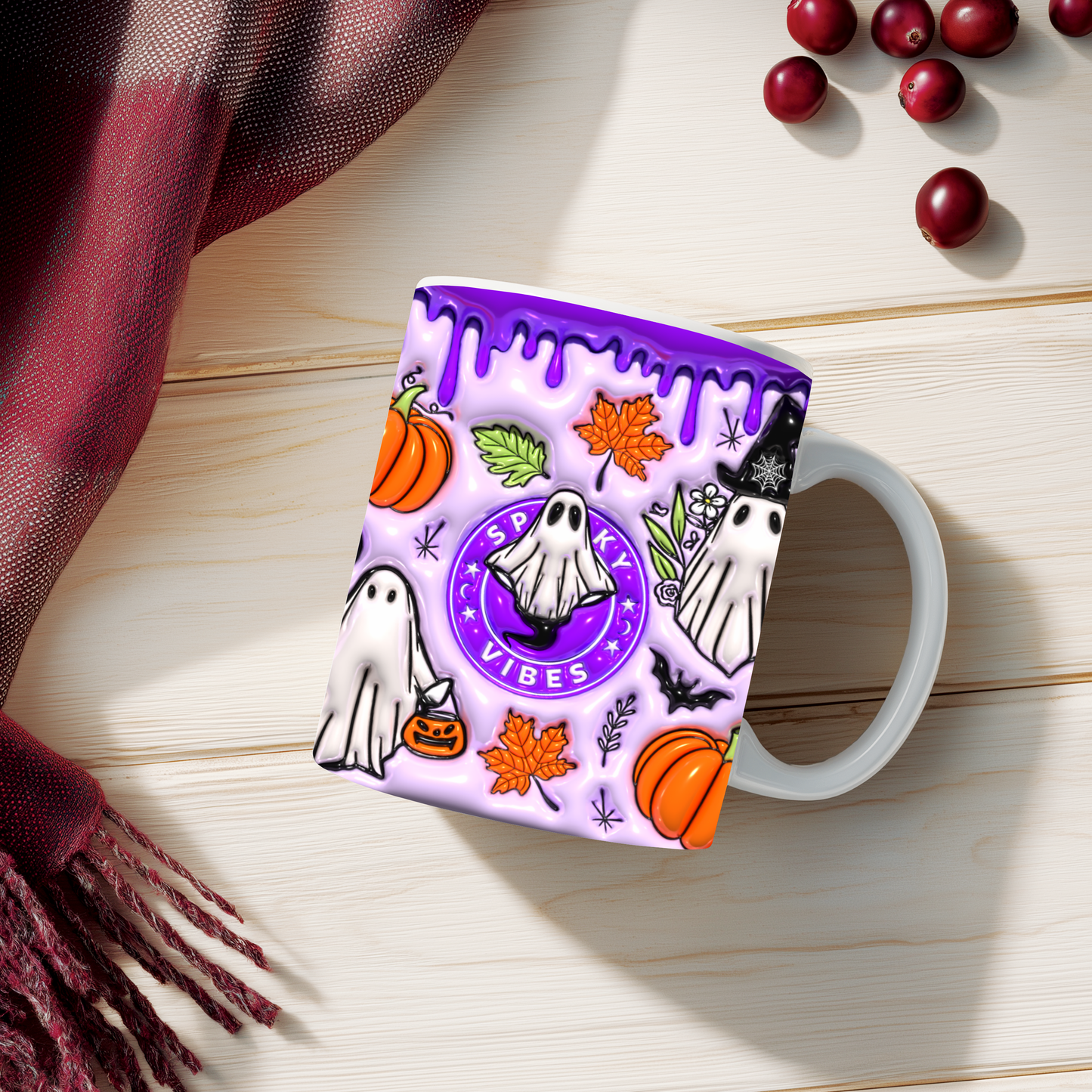 Caneca Spooky Vibes Roxa | Cute Halloween Ghost & Pumpkin Mug