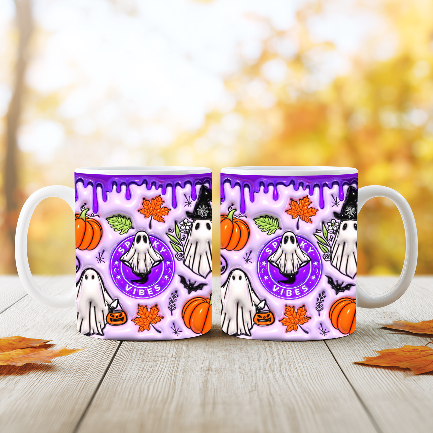 Caneca Spooky Vibes Roxa | Cute Halloween Ghost & Pumpkin Mug