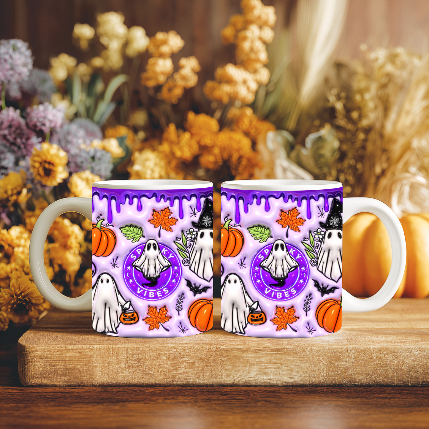 Caneca Spooky Vibes Roxa | Cute Halloween Ghost & Pumpkin Mug