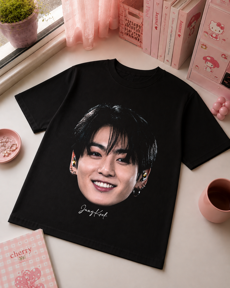 Black K-Pop T-Shirt with Korean Idol JK Portrait