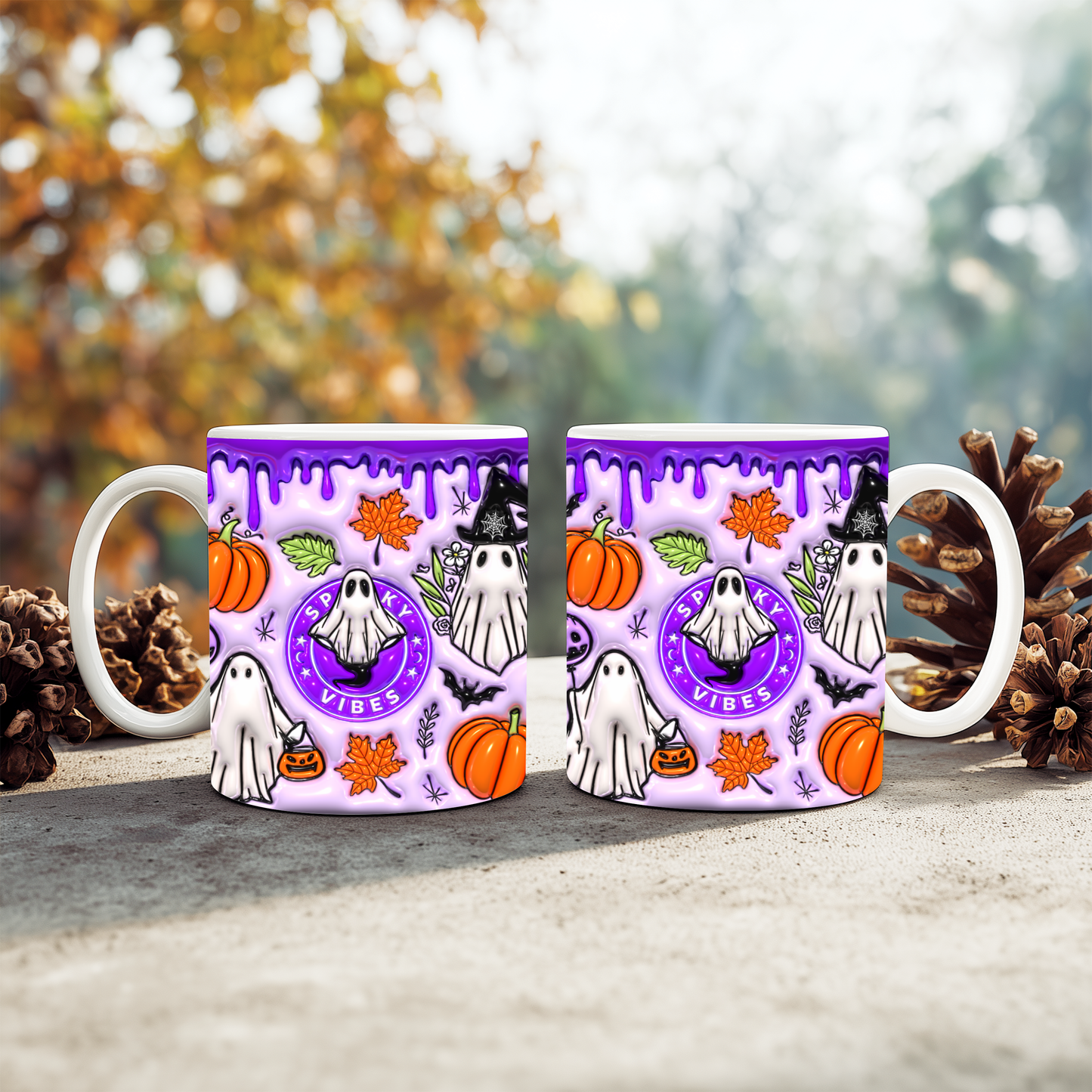 Caneca Spooky Vibes Roxa | Cute Halloween Ghost & Pumpkin Mug