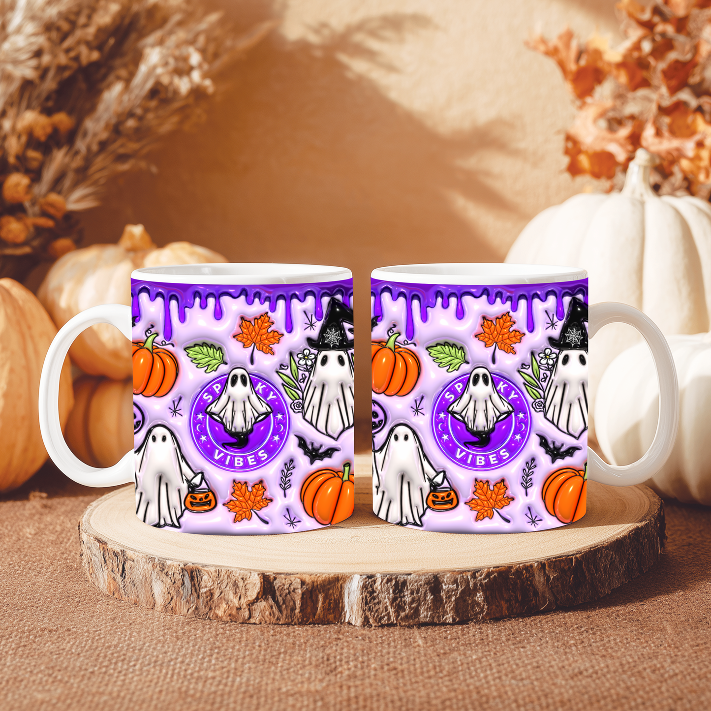 Caneca Spooky Vibes Roxa | Cute Halloween Ghost & Pumpkin Mug