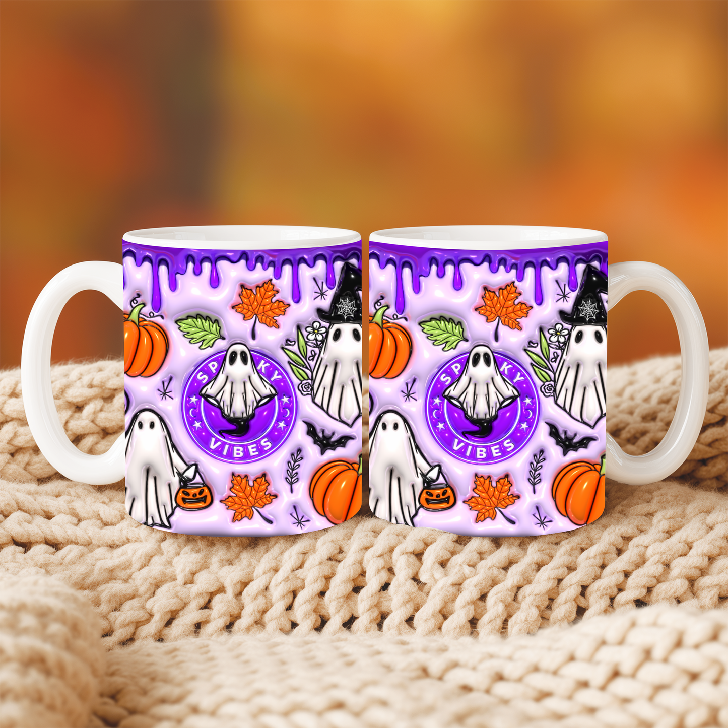 Caneca Spooky Vibes Roxa | Cute Halloween Ghost & Pumpkin Mug