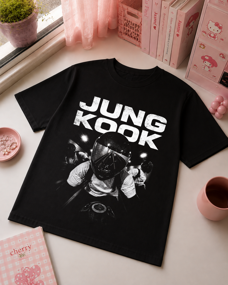 Black K-Pop T-Shirt with Black and White Urban Design