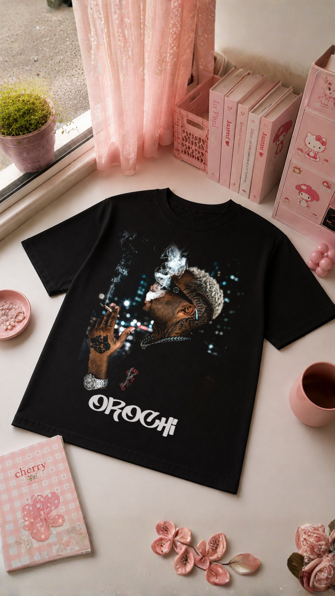 K-Pop Idol Black T-Shirt with Red Kisses
