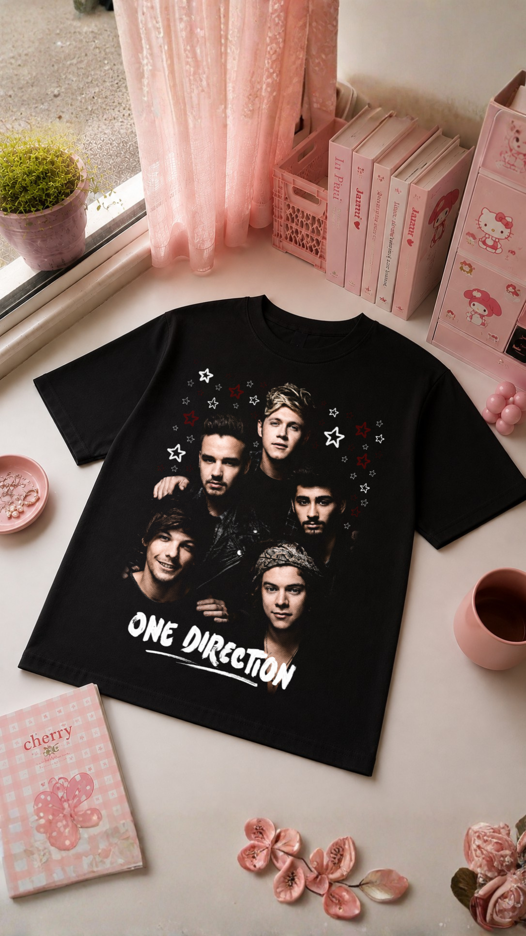 K-Pop Idol Black T-Shirt with Red Kisses