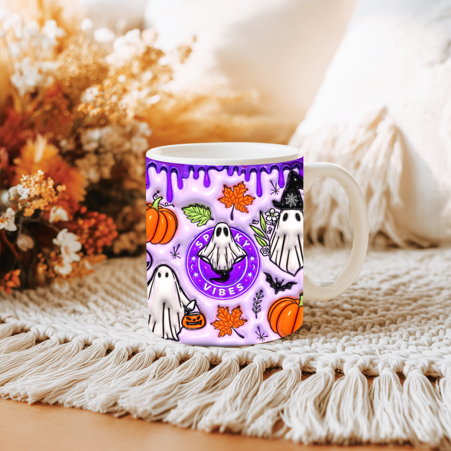 Caneca Spooky Vibes Roxa | Cute Halloween Ghost & Pumpkin Mug