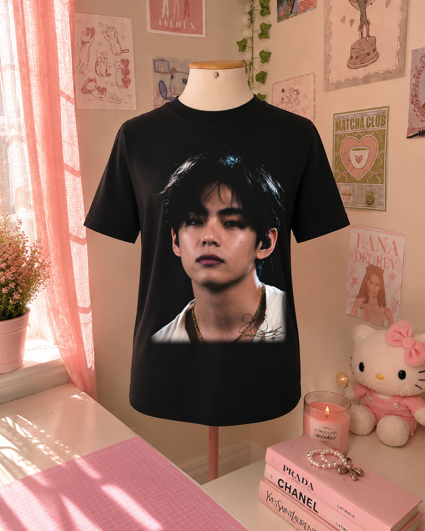 Black K-Pop T-Shirt with Portrait and Minimalist Style