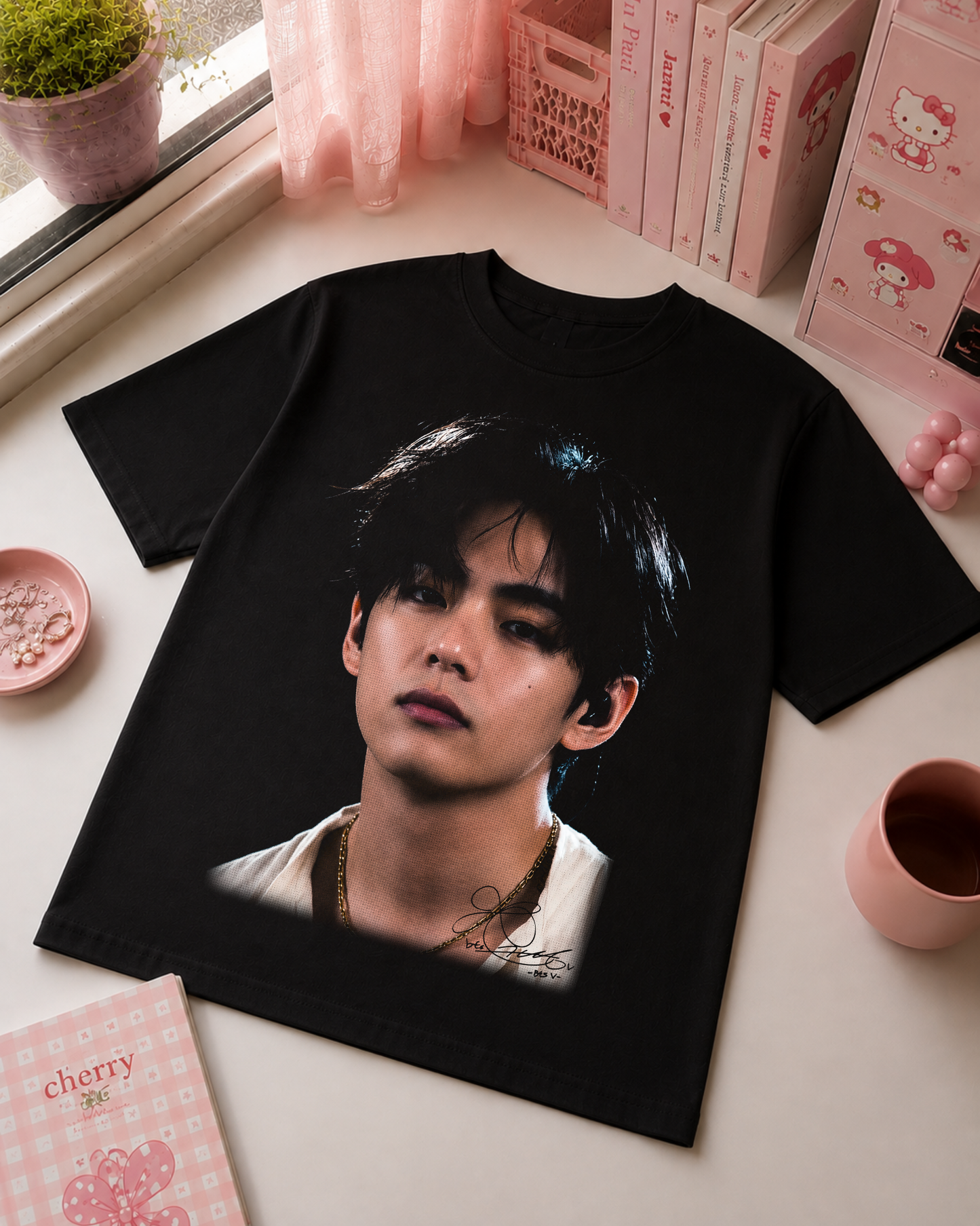 Black K-Pop T-Shirt with Portrait and Minimalist Style