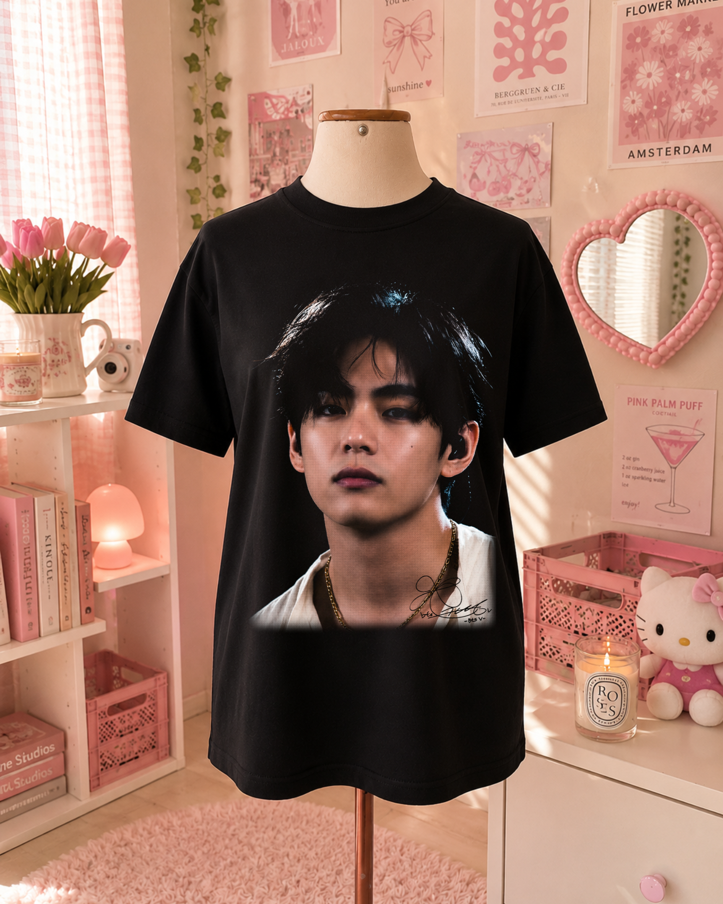 Black K-Pop T-Shirt with Portrait and Minimalist Style