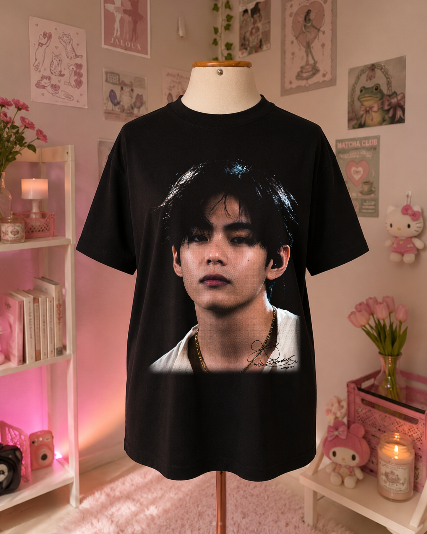 Black K-Pop T-Shirt with Portrait and Minimalist Style
