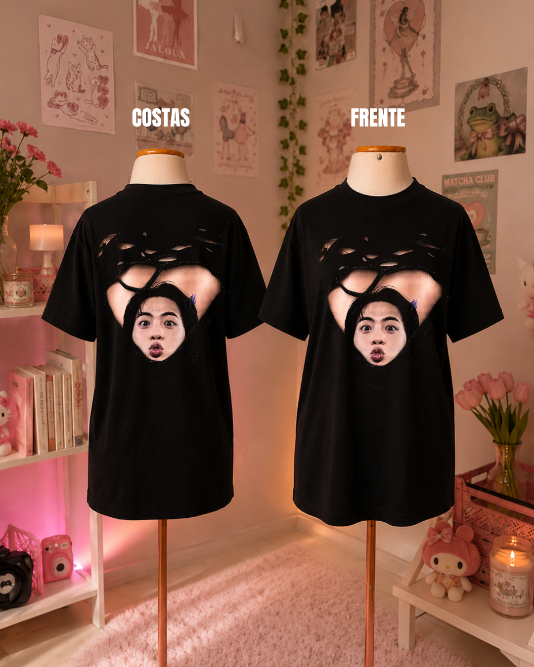 K-Pop Idol Black T-Shirt with Red Kisses