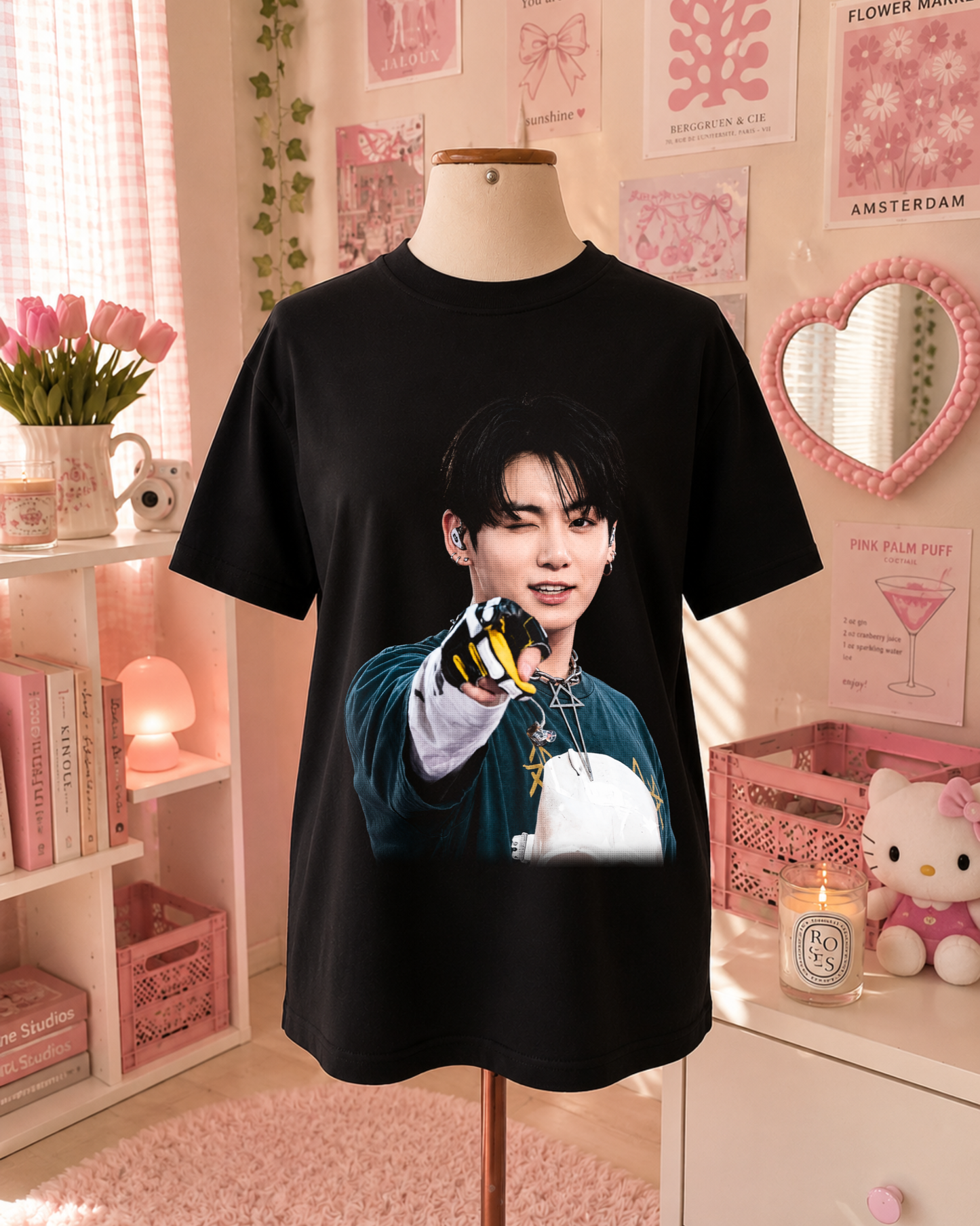 K-Pop Black T-Shirt with Idol Portrait