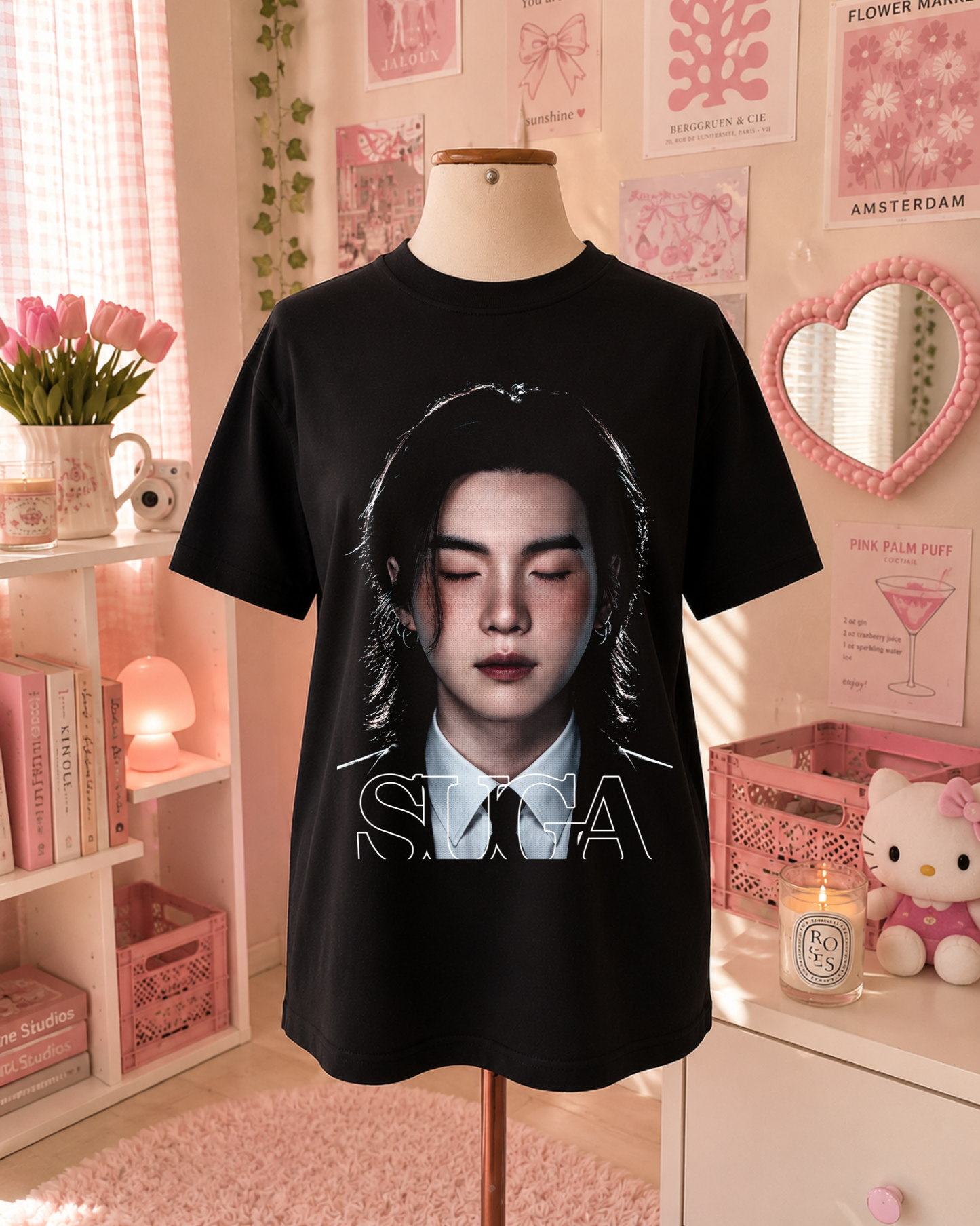 Black K-Pop T-Shirt with Portrait and Elegant Design