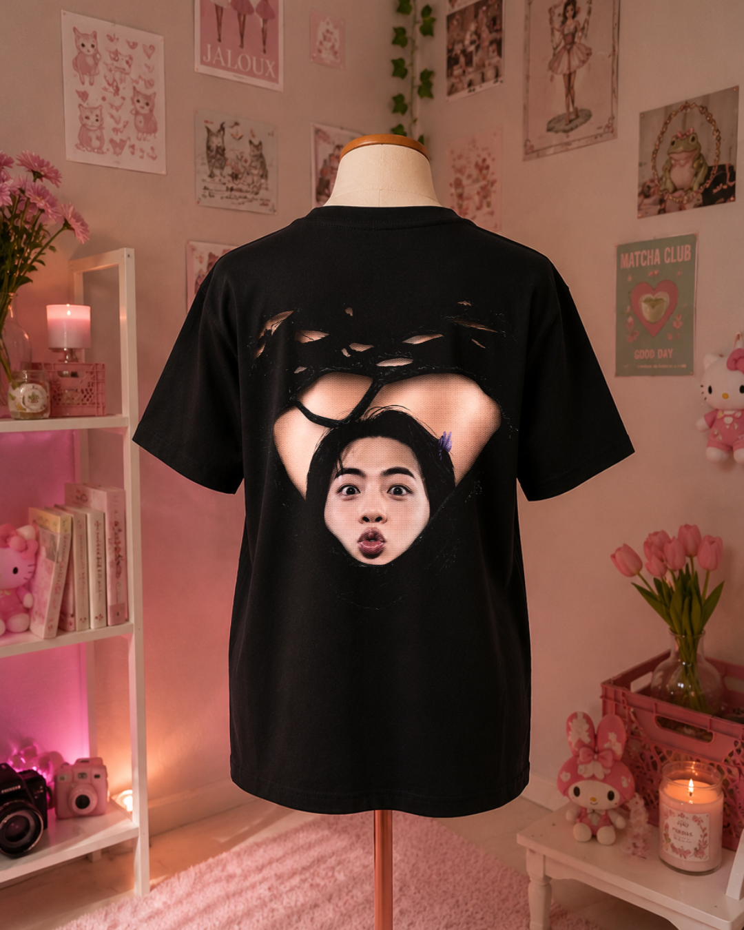 K-Pop Idol Black T-Shirt with Red Kisses