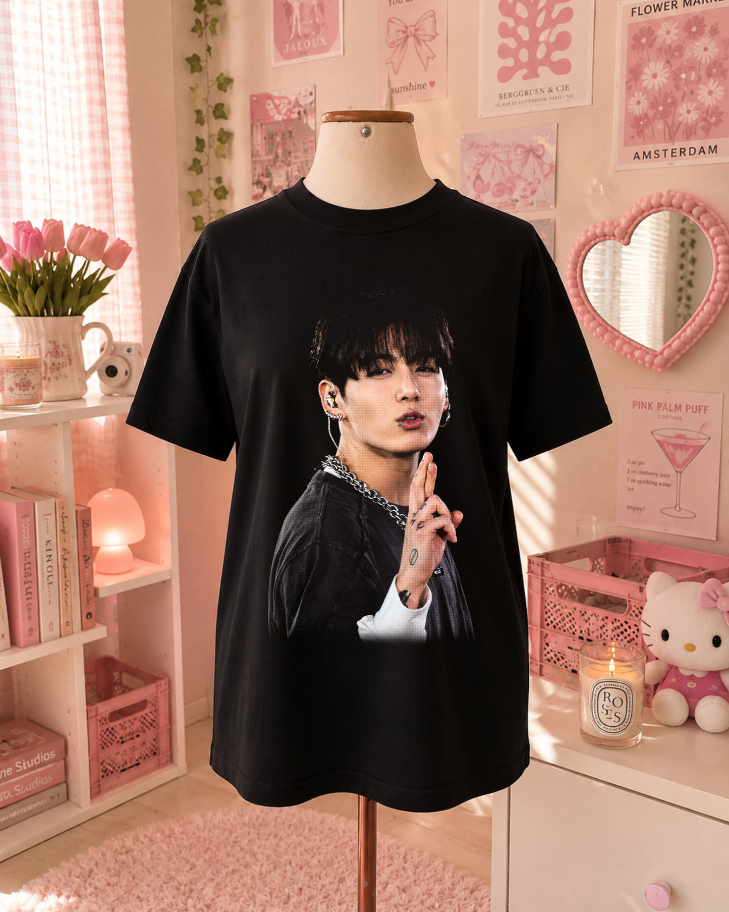 T-Shirt K-Pop Preta com Retrato de Idol | Estilo Coreano