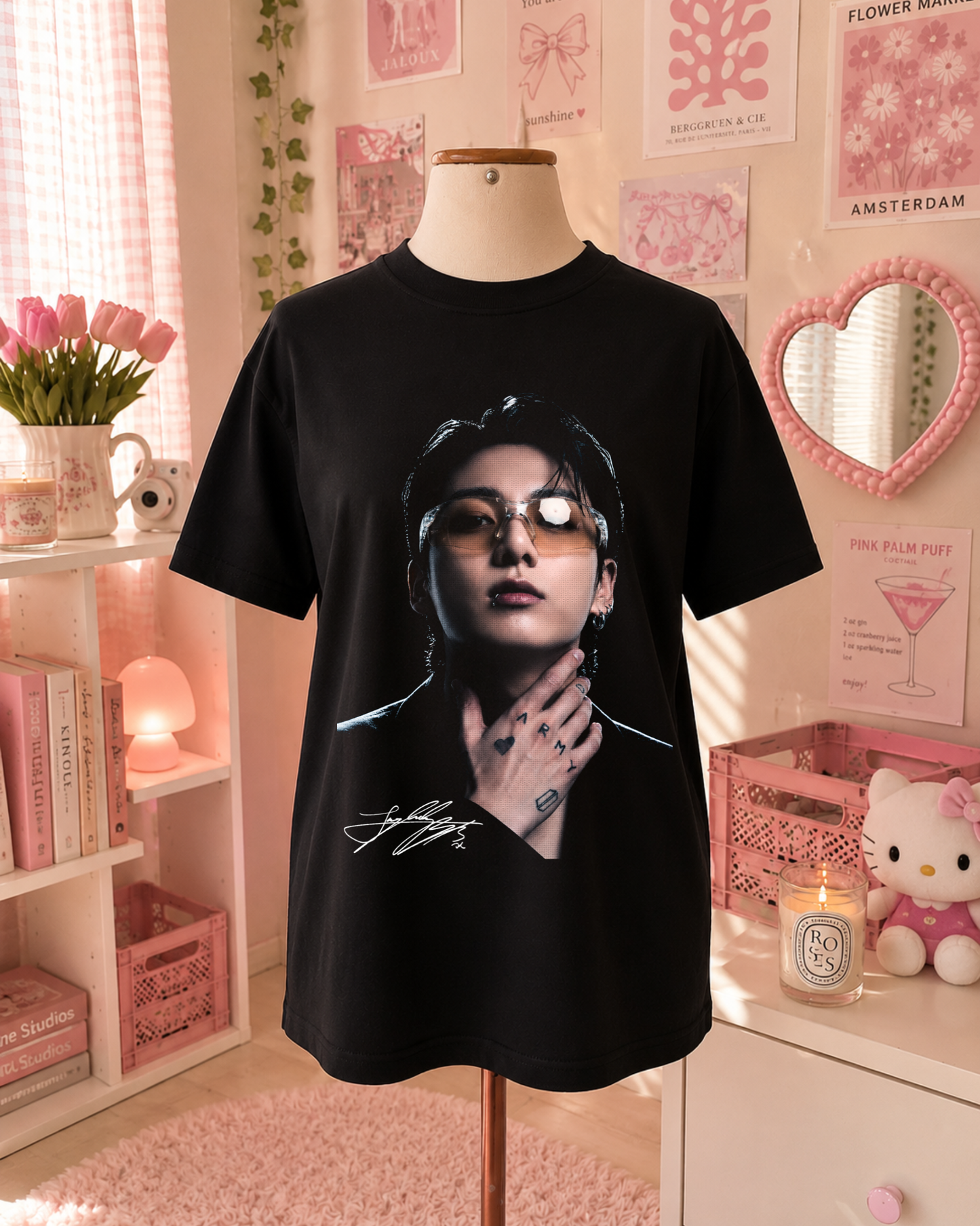 Black K-Pop T-Shirt with Portrait and Glasses