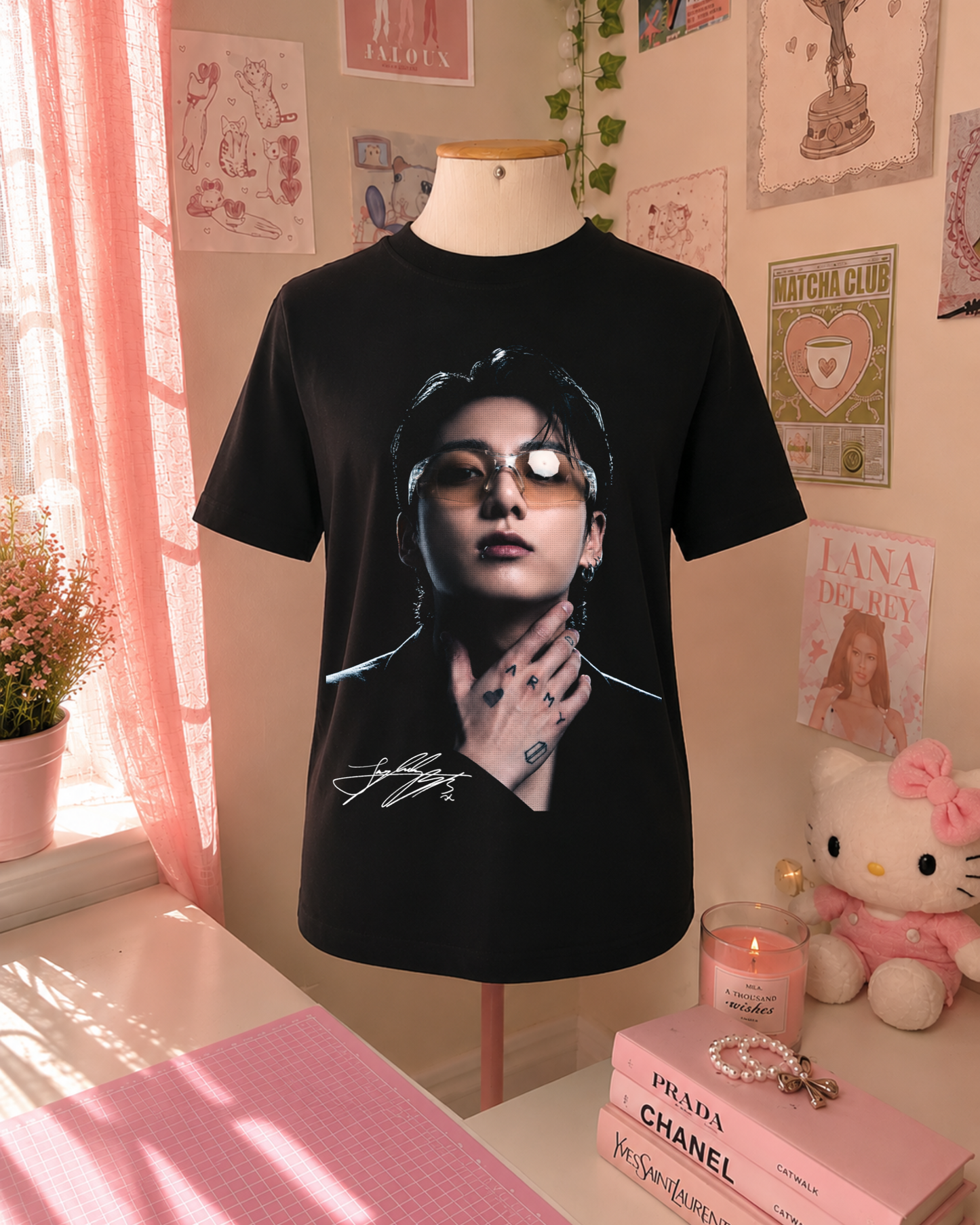 Black K-Pop T-Shirt with Portrait and Glasses