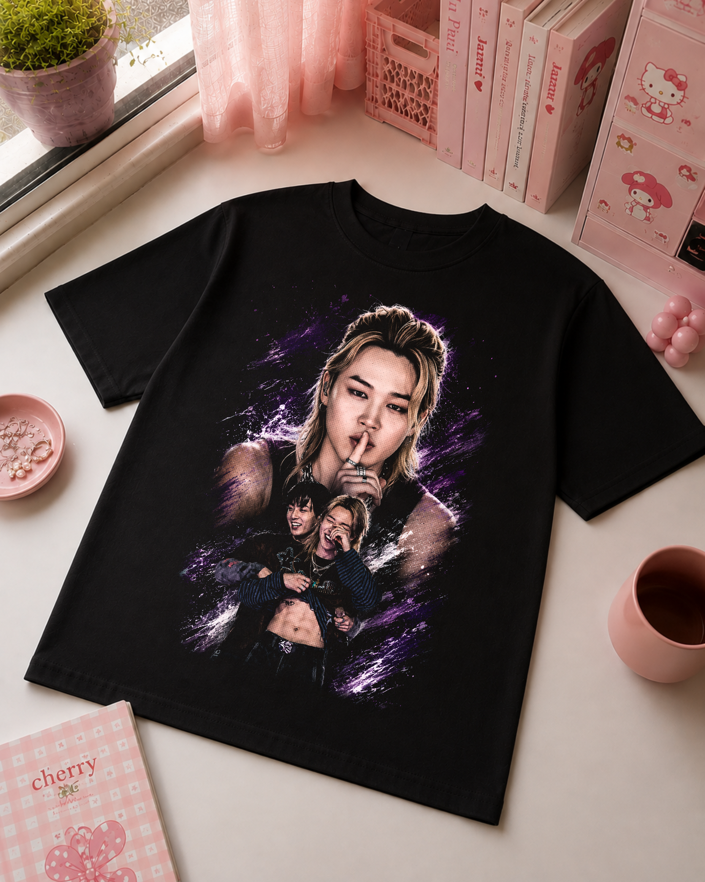 Black K-Pop T-Shirt with Lilac Purple Portrait