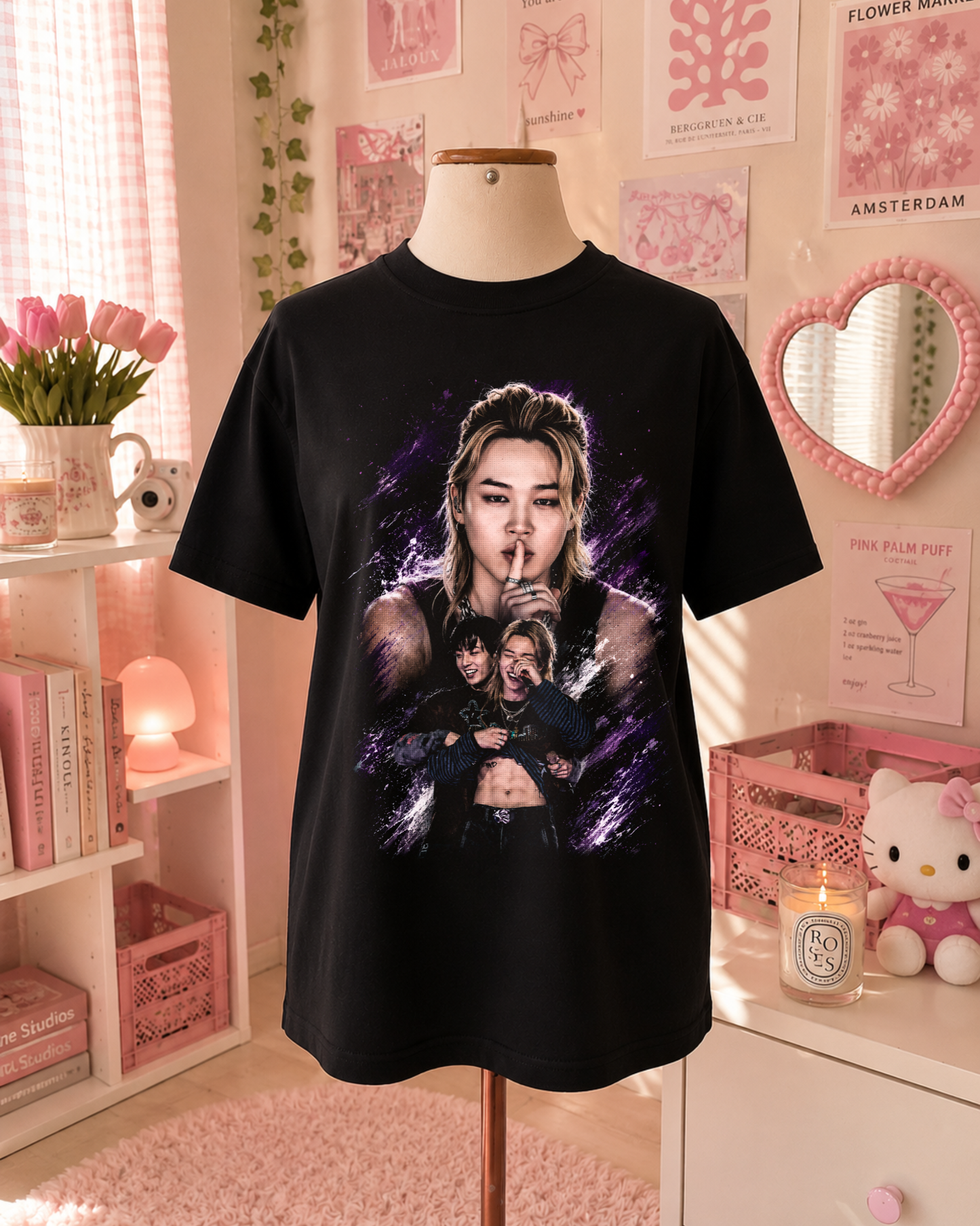 Black K-Pop T-Shirt with Lilac Purple Portrait
