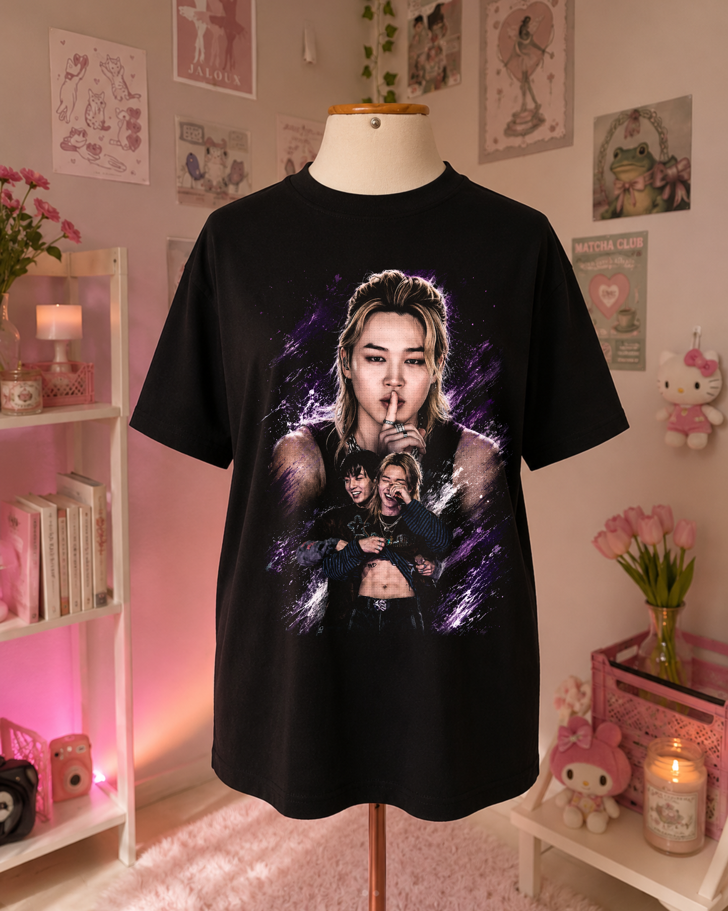 Black K-Pop T-Shirt with Lilac Purple Portrait