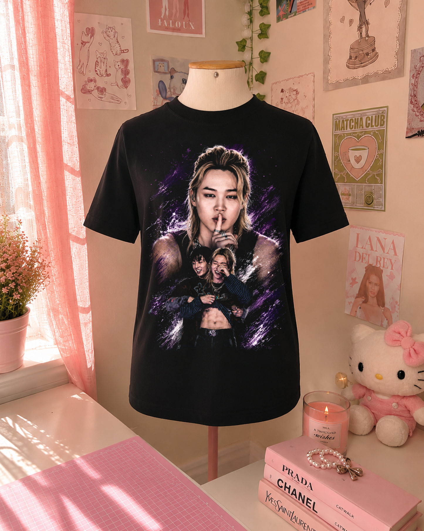 Black K-Pop T-Shirt with Lilac Purple Portrait