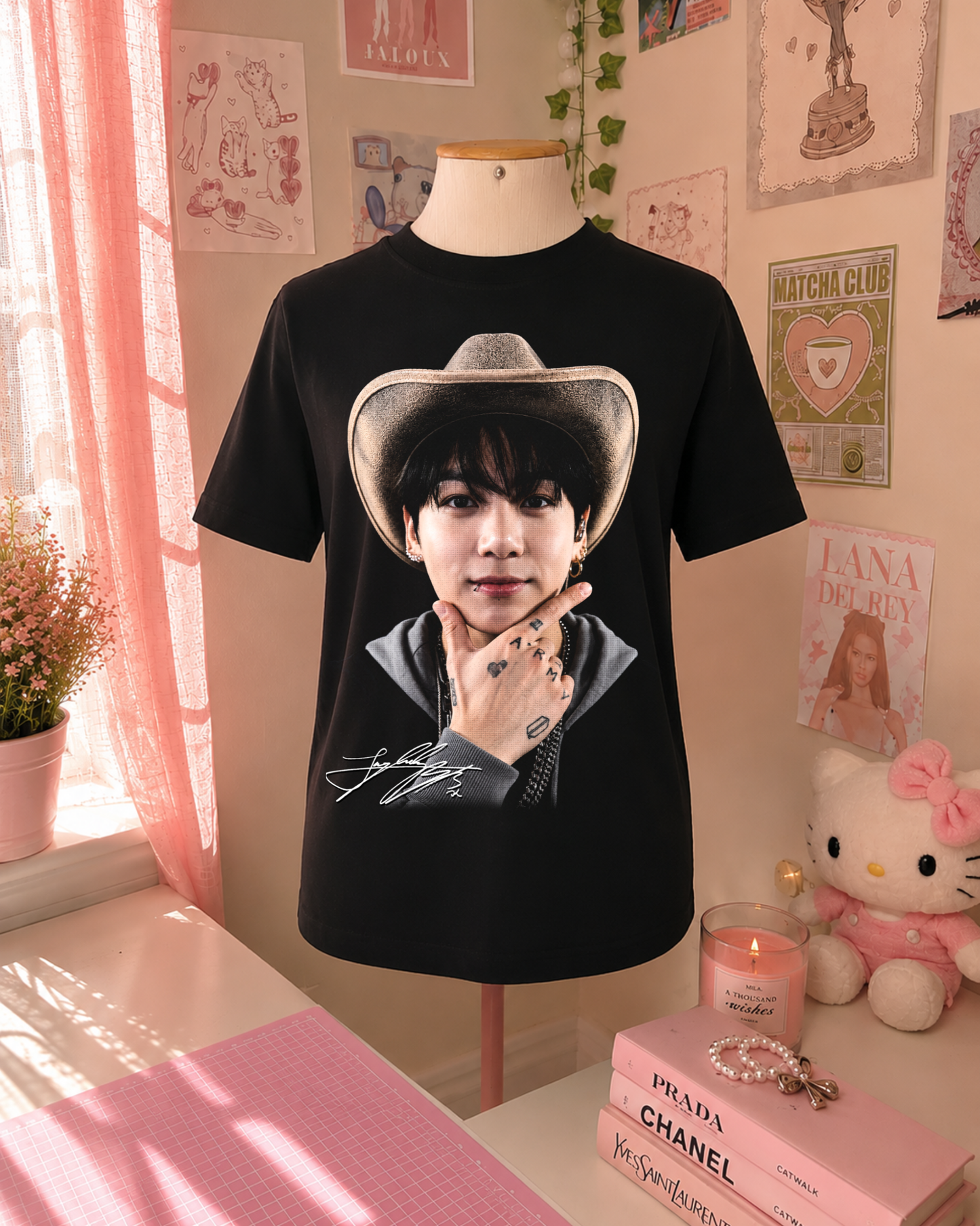 Black K-Pop Cowboy T-Shirt with Portrait and Signature