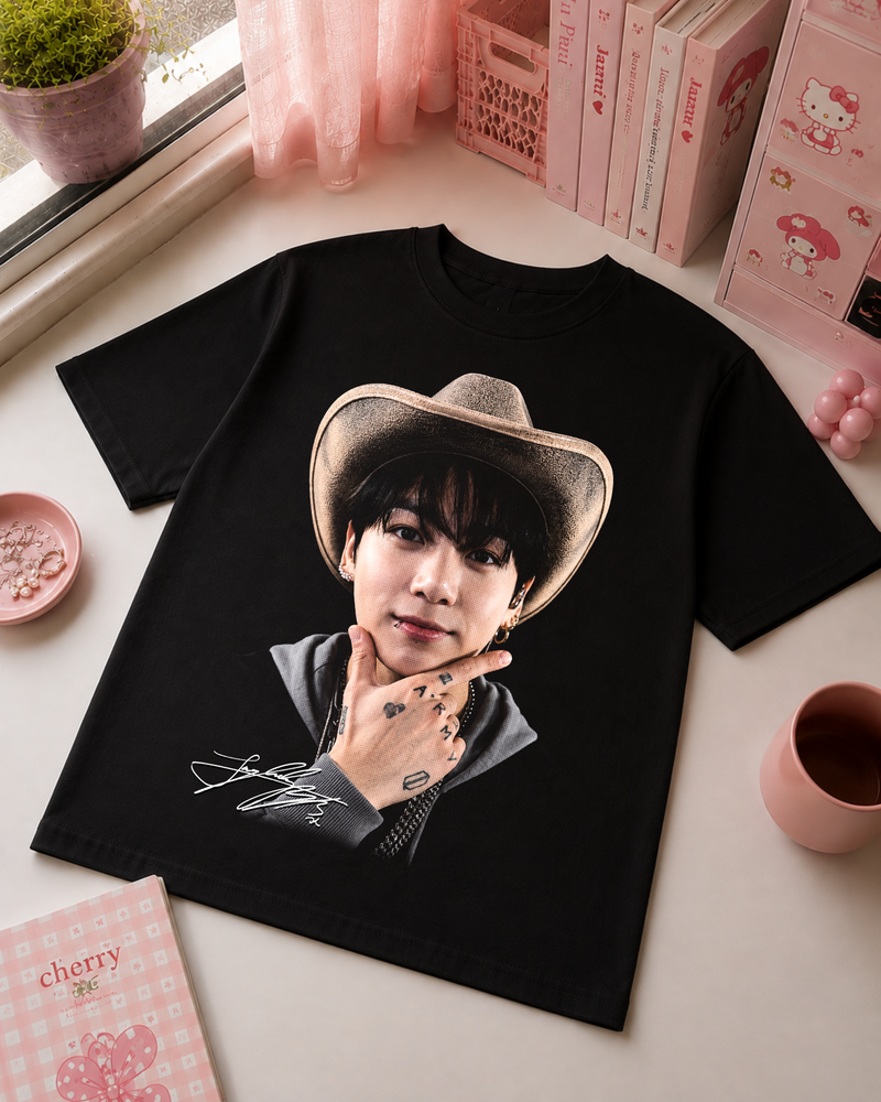 Black K-Pop Cowboy T-Shirt with Portrait and Signature