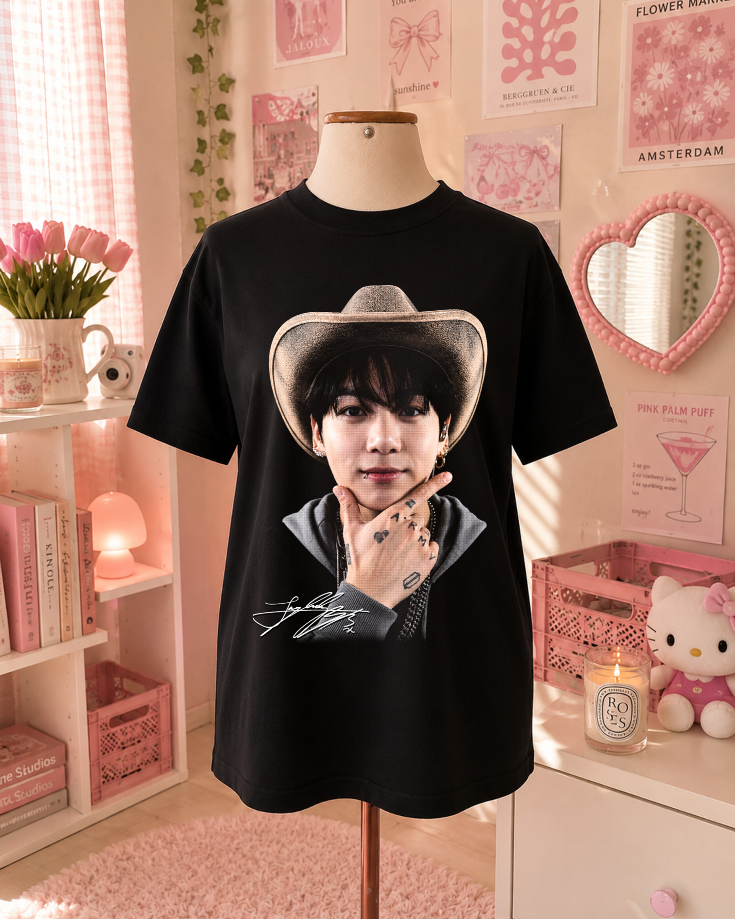 Black K-Pop Cowboy T-Shirt with Portrait and Signature