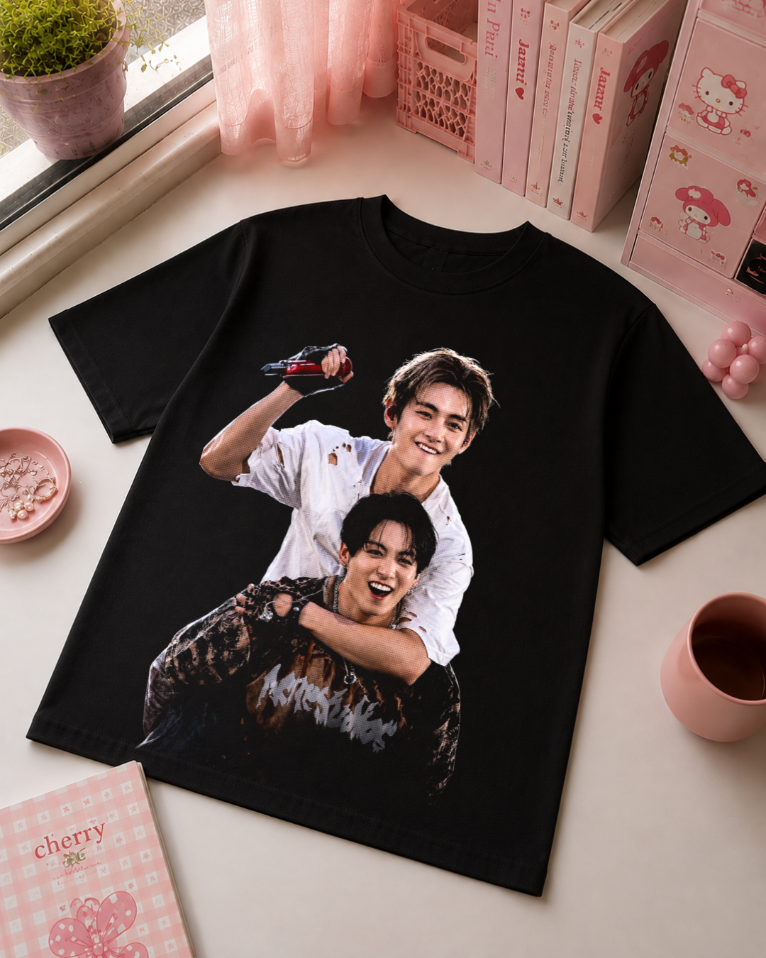 K-Pop Idol Black T-Shirt with Red Kisses