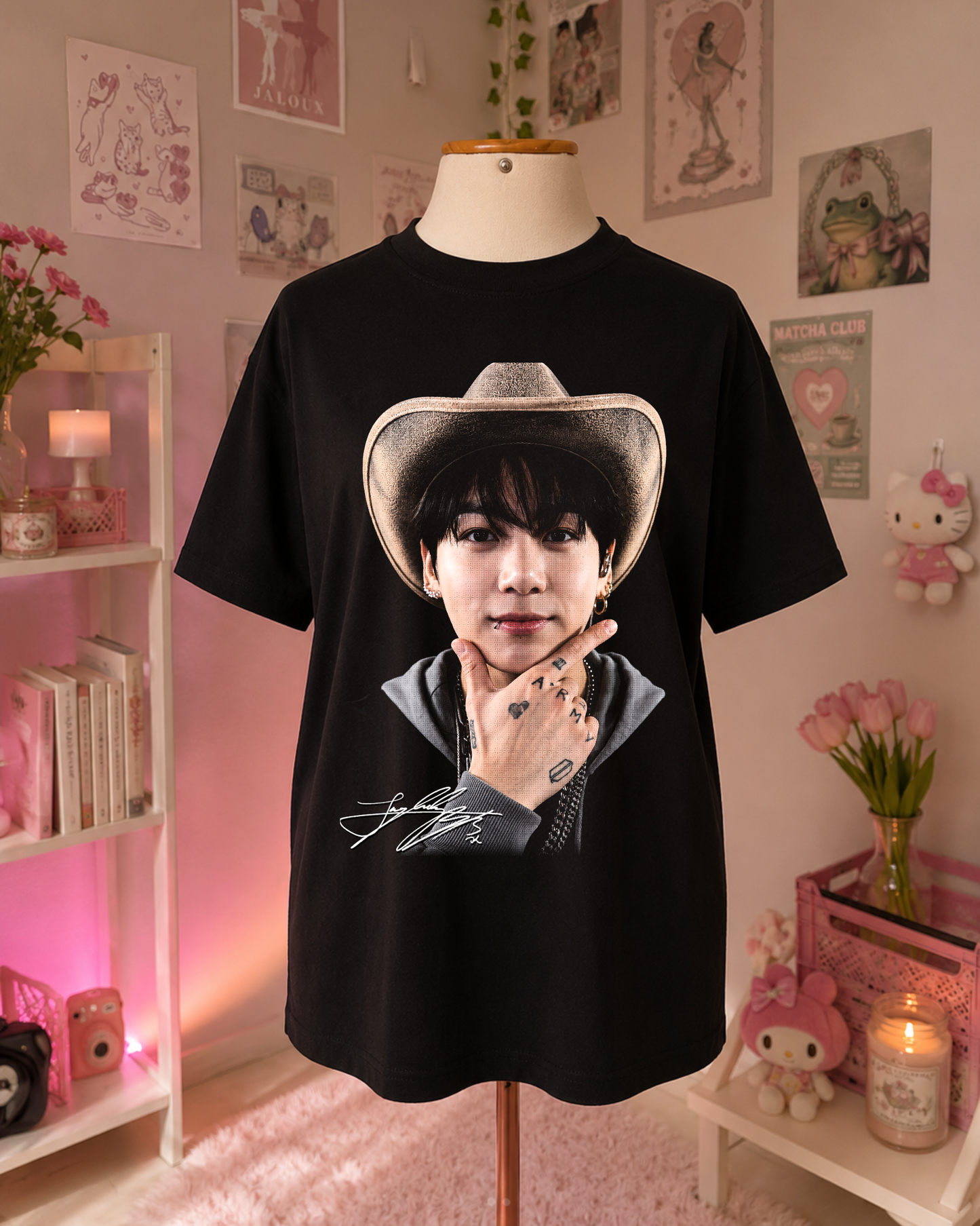 Black K-Pop Cowboy T-Shirt with Portrait and Signature