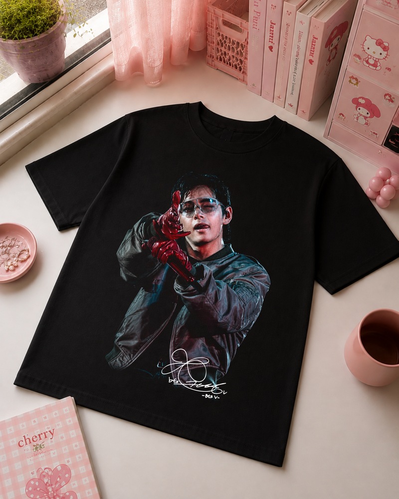Black K-Pop T-Shirt with Red Portrait