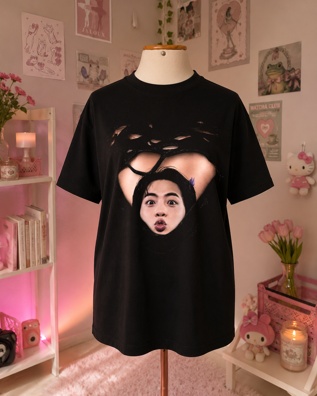 K-Pop Idol Black T-Shirt with Red Kisses