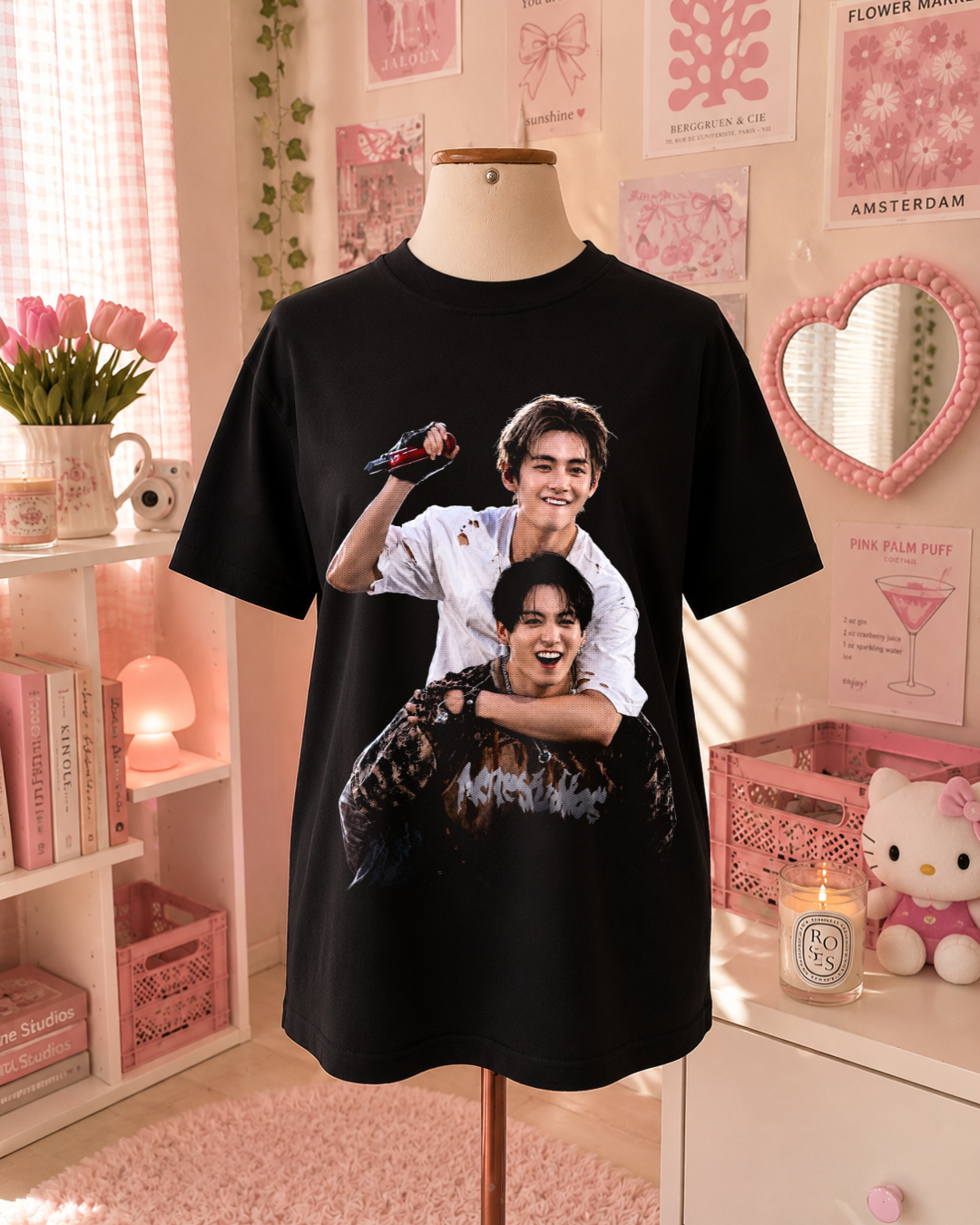 K-Pop Idol Black T-Shirt with Red Kisses