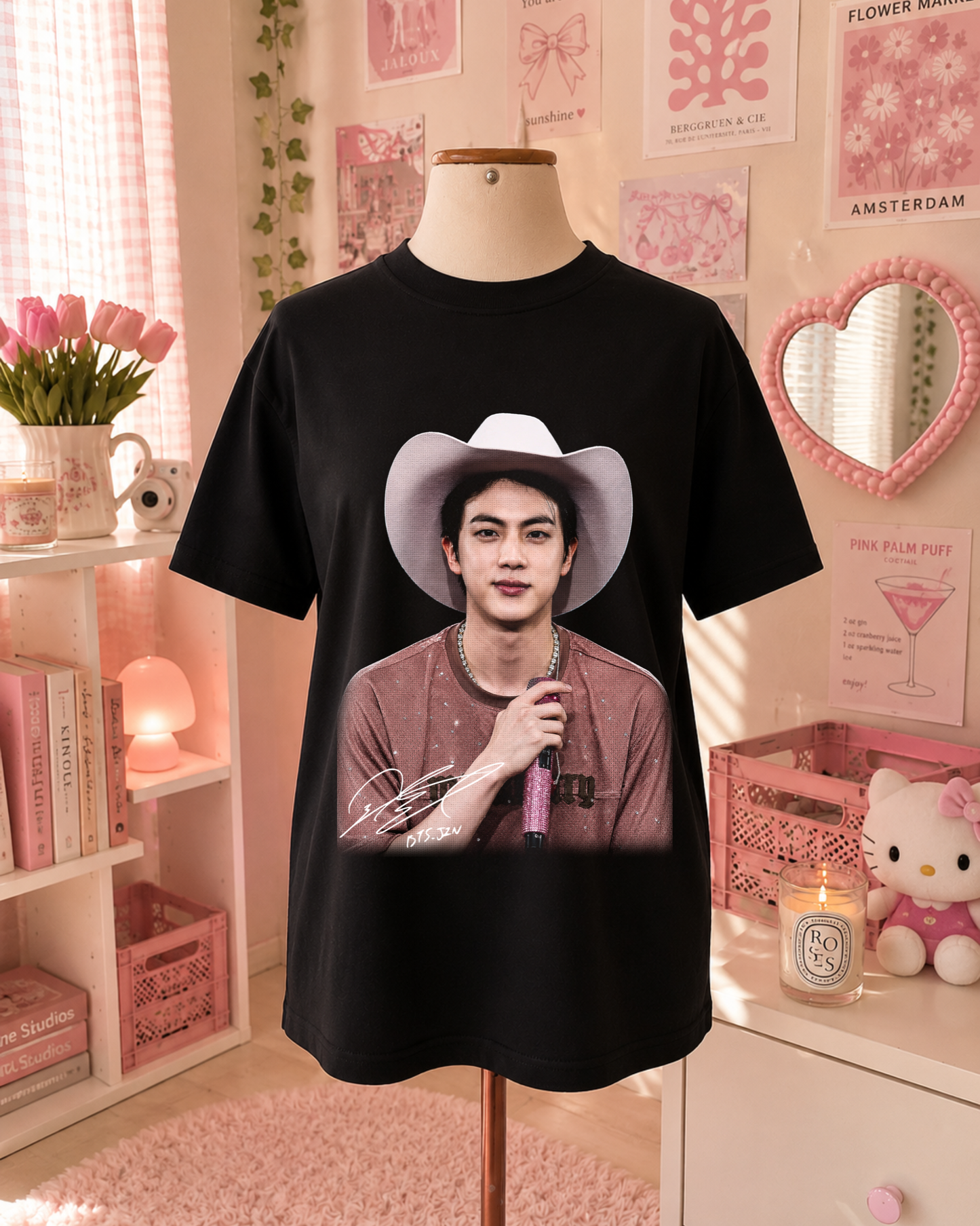 Black K-Pop Cowboy T-Shirt with Portrait and Microphone