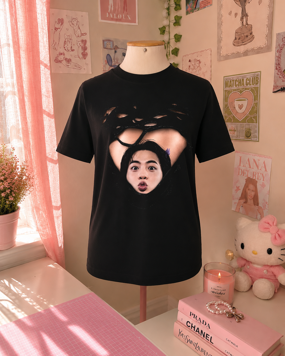 K-Pop Idol Black T-Shirt with Red Kisses