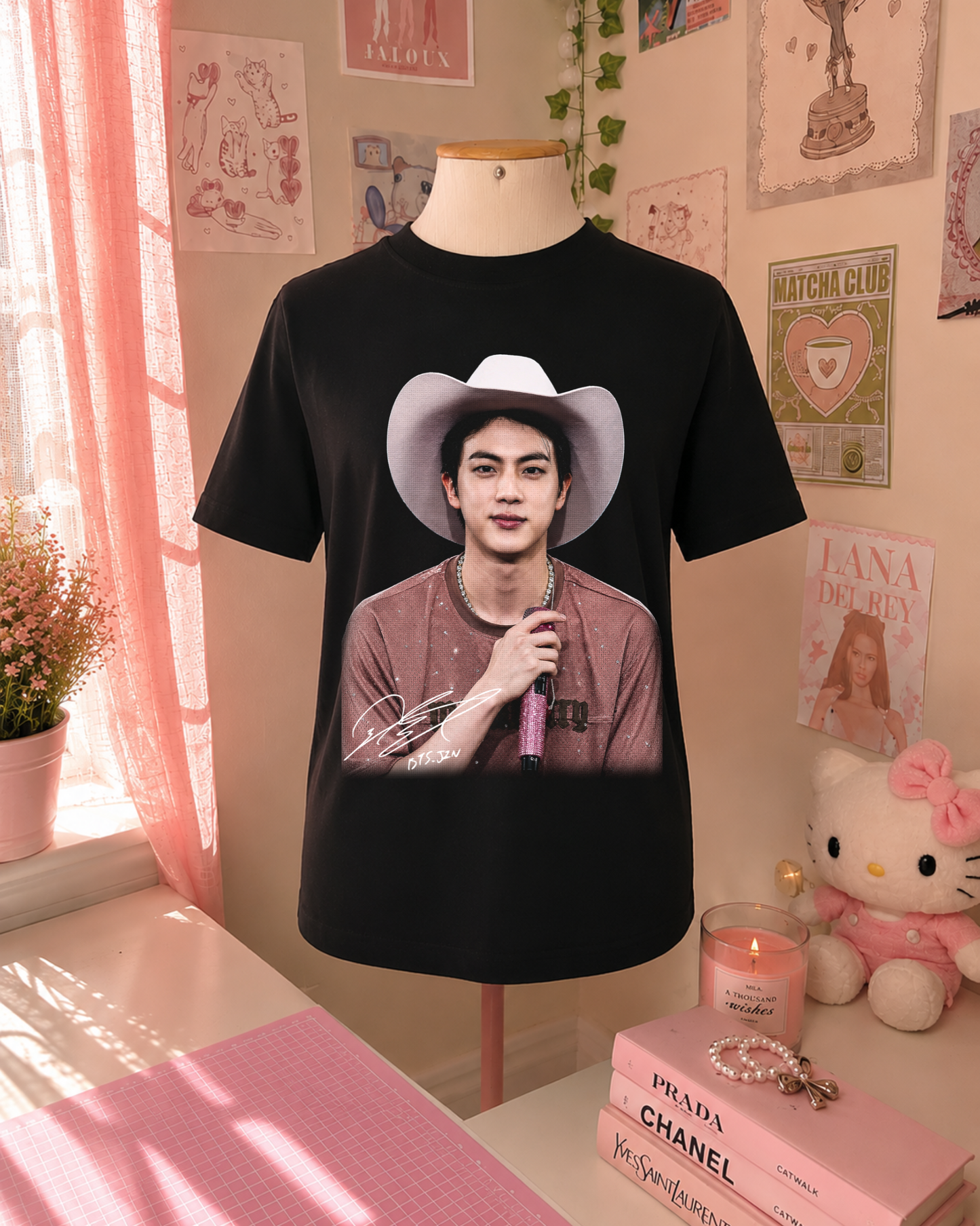 Black K-Pop Cowboy T-Shirt with Portrait and Microphone