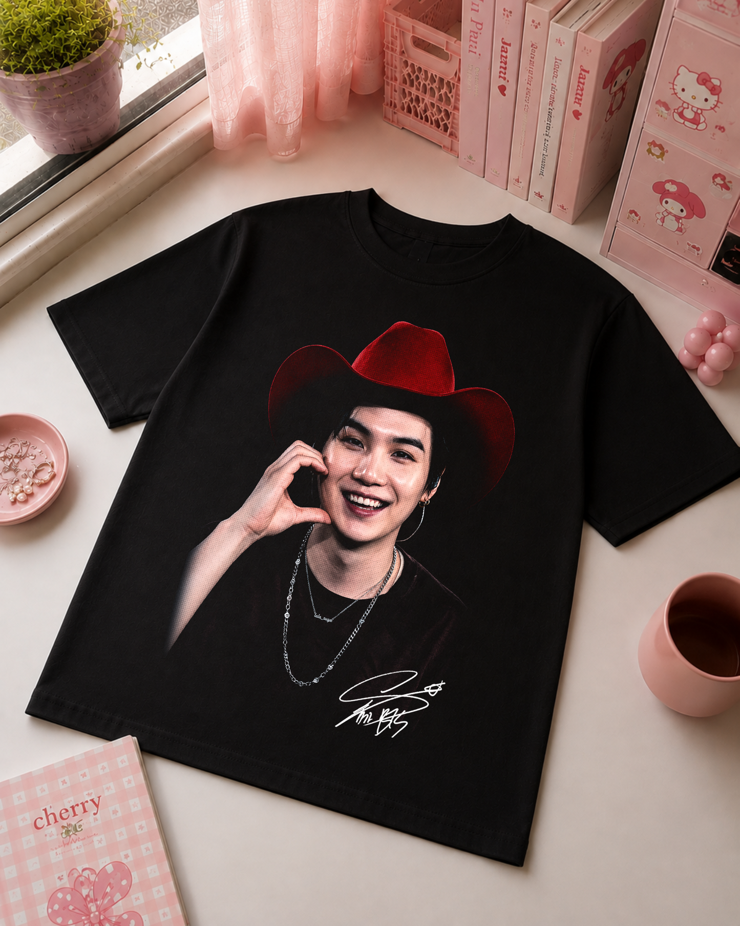 Black K-Pop Cowboy T-Shirt with Red Hat
