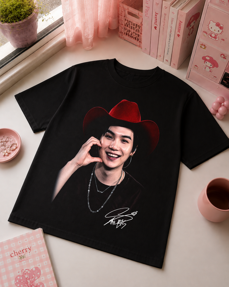Black K-Pop Cowboy T-Shirt with Red Hat