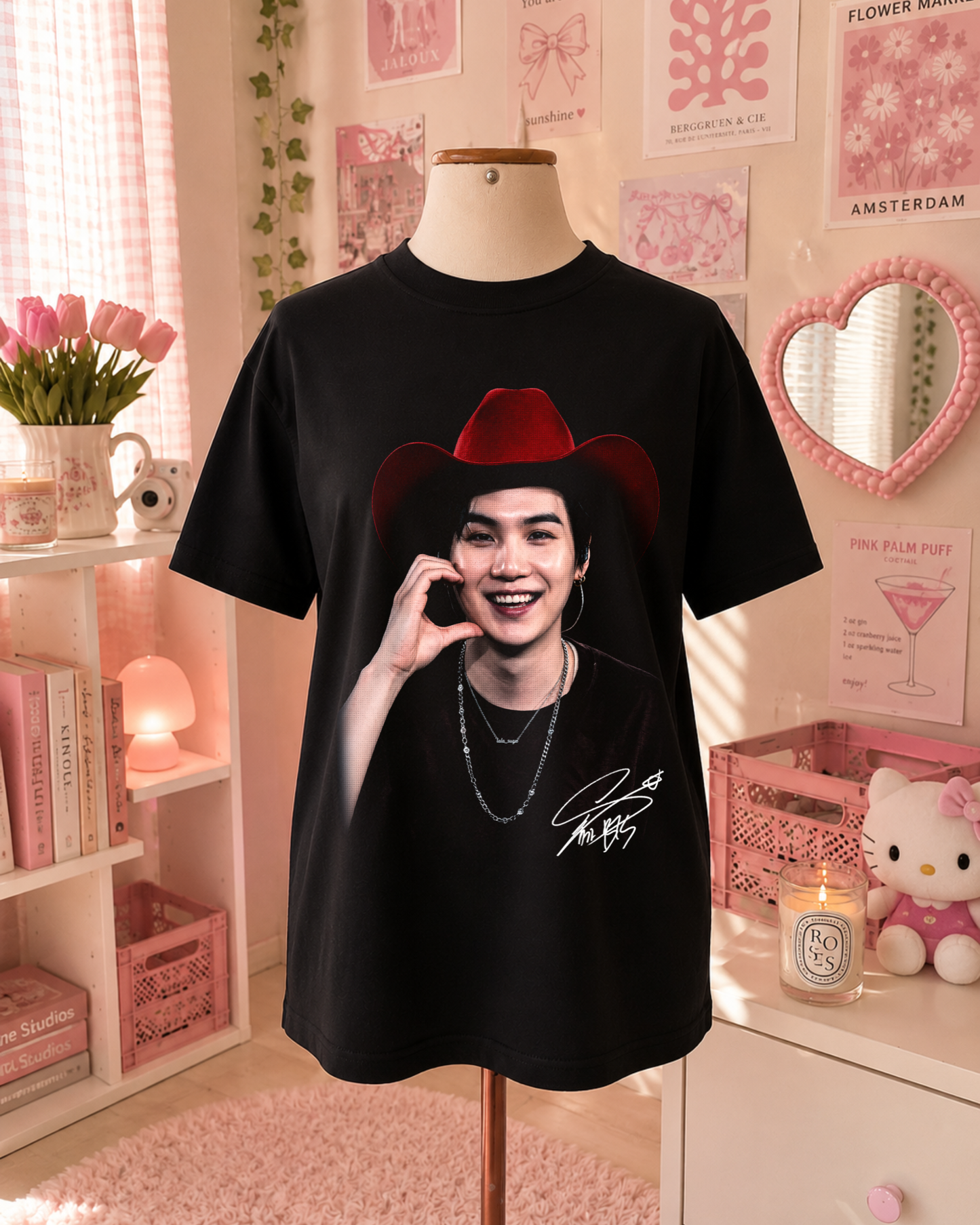 Black K-Pop Cowboy T-Shirt with Red Hat