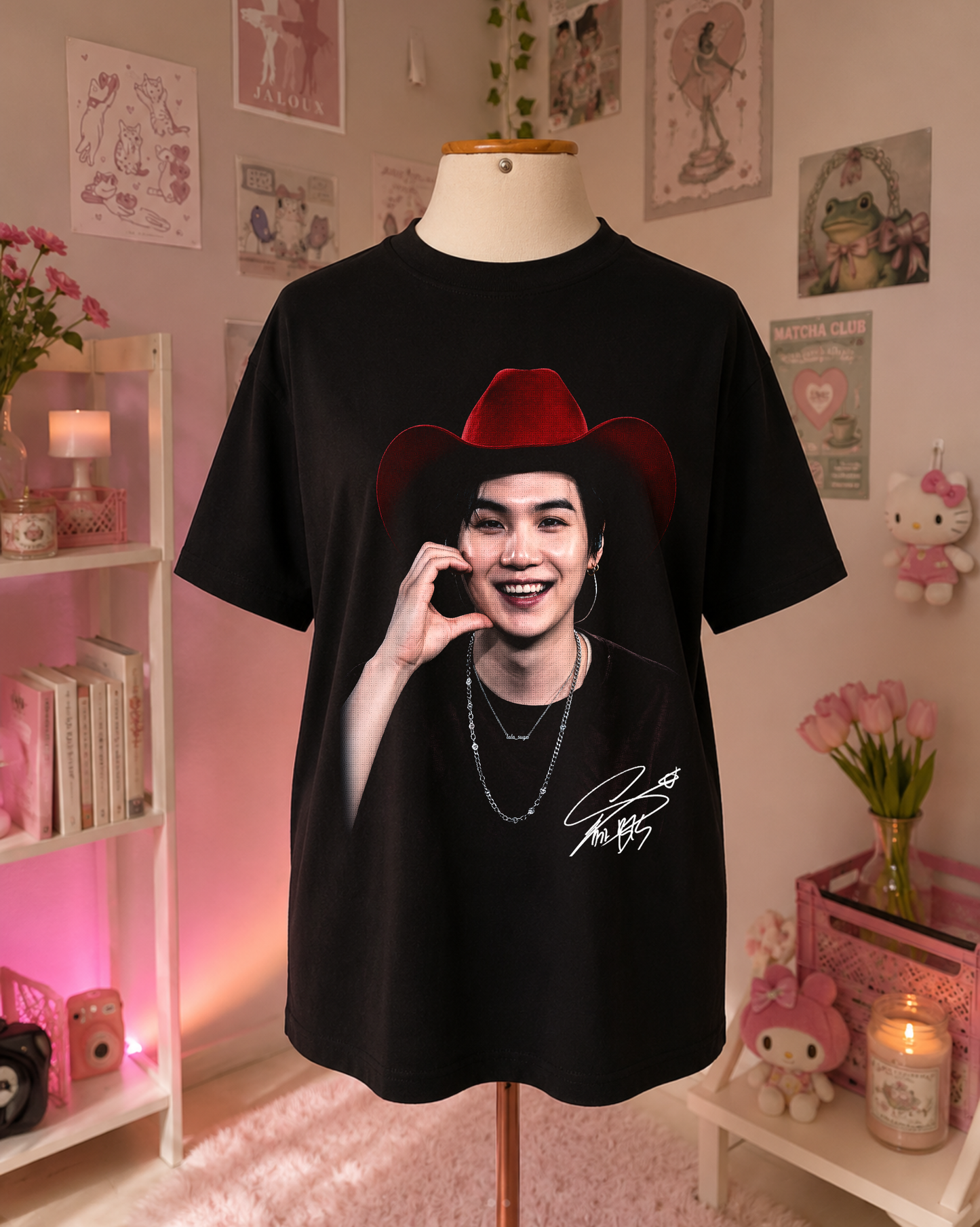 Black K-Pop Cowboy T-Shirt with Red Hat