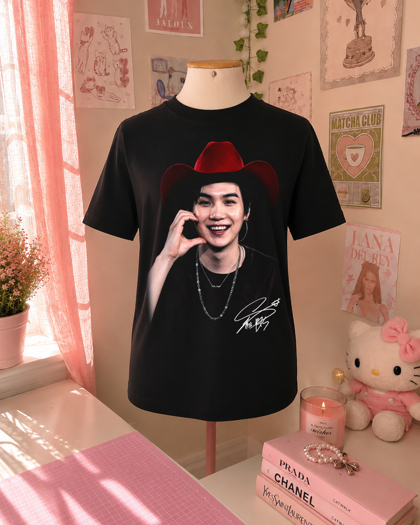 Black K-Pop Cowboy T-Shirt with Red Hat