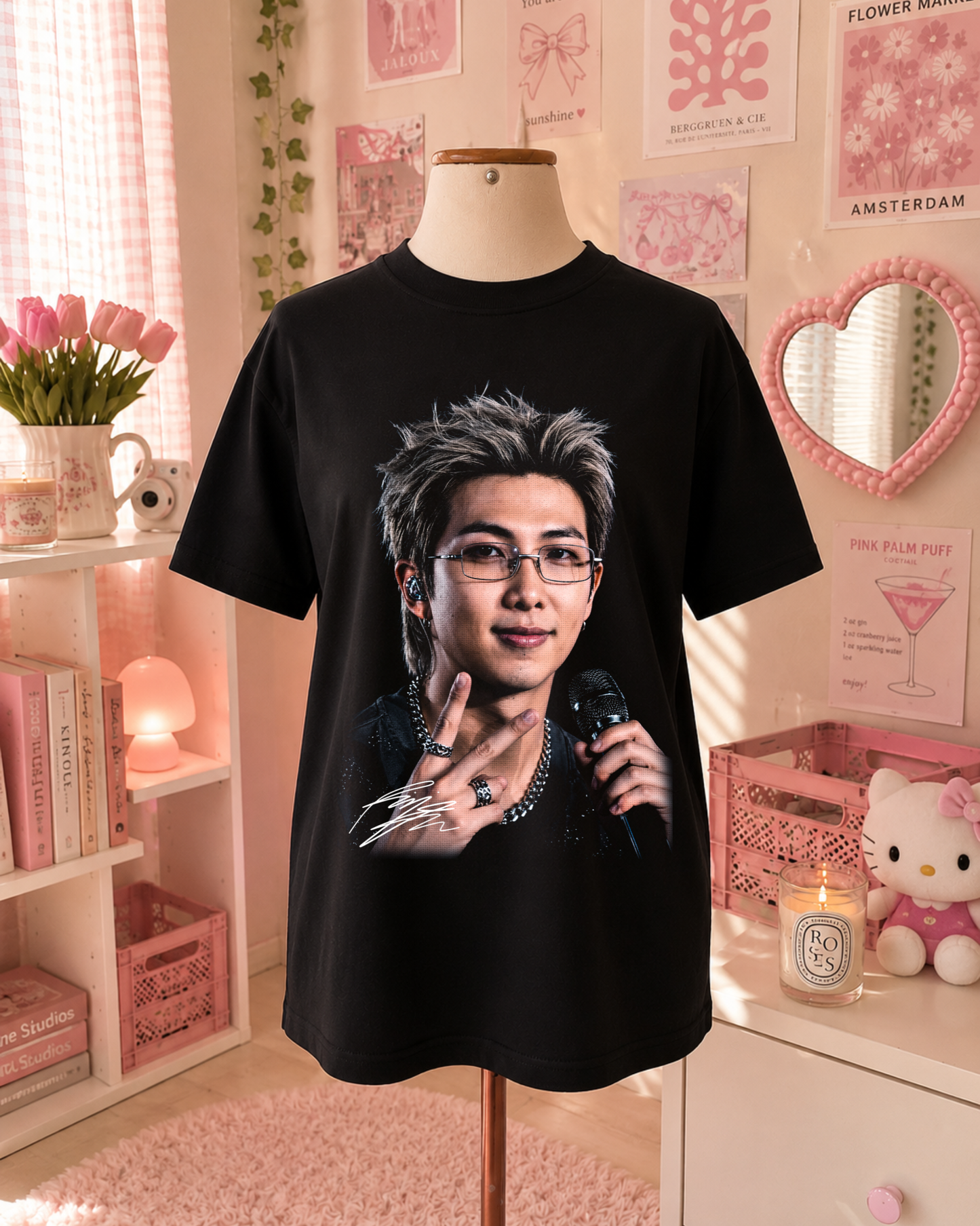 Black K-Pop T-Shirt with Portrait, Glasses, and Microphone